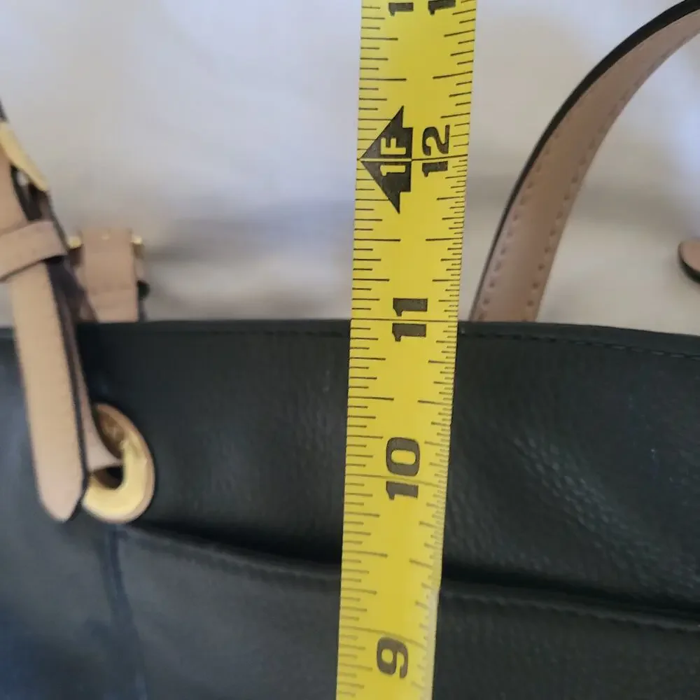 Michael Kors Jet Set Large Black Leather Tote Handbag Beige Straps MK Logo‎ Snap
